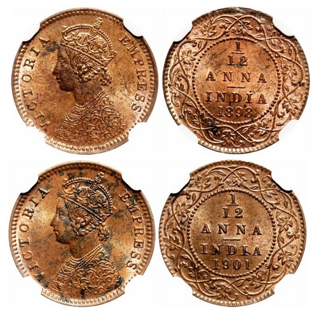 Victoria Empress, Copper, 1/12 Anna (2 slabs), Calcutta Mint, Obv 'B', No mint mark, 1) 18