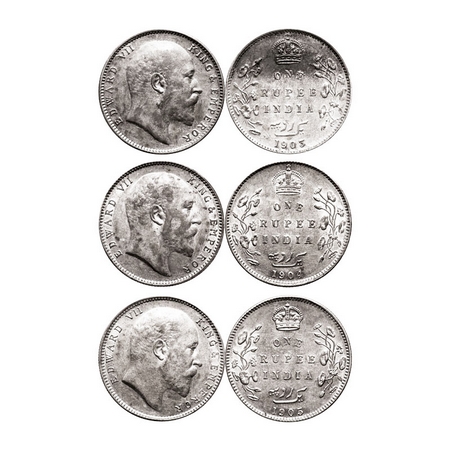 Edward VII, Silver Rupee (3 Coins), 1903, 1904, 1905, Bombay Mint. F.Prid. 199, 200, 201. 