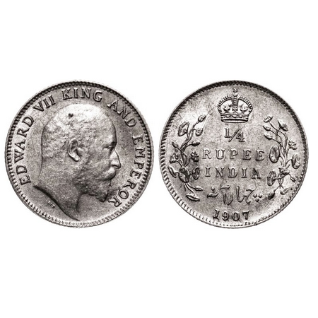 Edward VII, Silver 1/4 Rupee, 1907, Calcutta Mint, F.Prid. 436. GK 976. About Unc, Scarce.