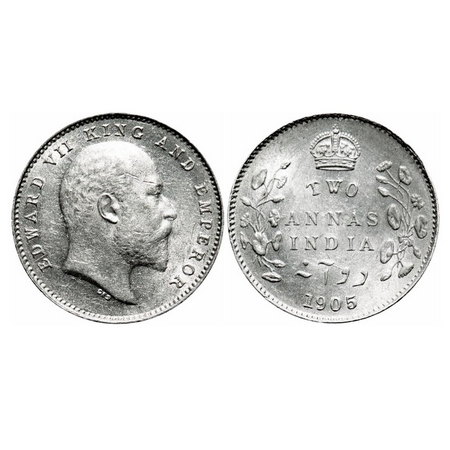 Edward VII, Silver, 2 Annas, 1905, Calcutta Mint, No mint mark, Ghost on Rev. F. Prid 558.