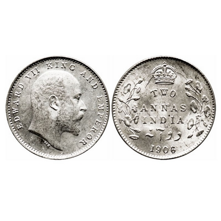 Edward VII, Silver, 2 Annas, 1906, Calcutta Mint, No mint mark, Ghost on Rev, Die cracks o