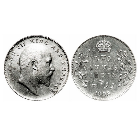 Edward VII, Silver, 2 Annas, 1908, Calcutta Mint, No mint mark, Ghost on Rev, Misaligned d