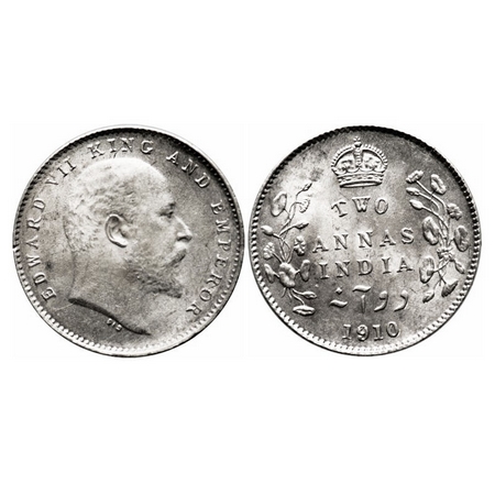 Edward VII, Silver, 2 Annas, 1910, Calcutta Mint, No mint mark. F. Prid 563. GK 987. Almos
