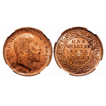 Edward VII, Copper, Quarter Anna, 1903, Calcutta Mint, No mint mark. F. Prid 646. GK 994. 