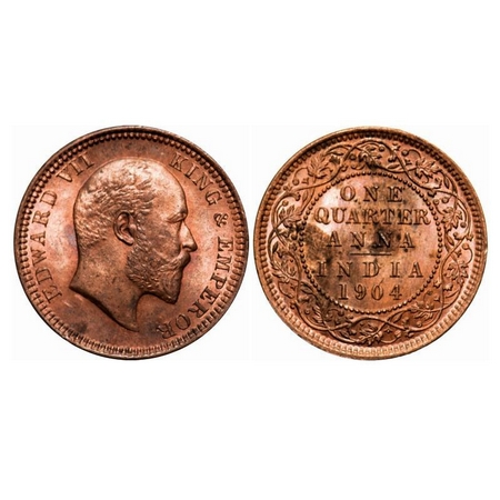 Edward VII, Copper, Quarter Anna, 1904, Calcutta Mint , No mint mark. F. Prid 647. GK 995.