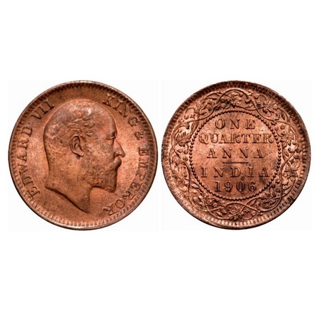 Edward VII, Copper, Quarter Anna, 1906, 6.54gm, Calcutta mint, No mint mark, Ghost on Rev.
