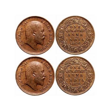 Edward VII, Mix metal, Quarter Anna (2 coins), 1906, Calcutta Mint, No mint mark, 1) Coppe