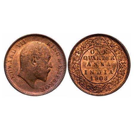 Edward VII, Bronze, Quarter Anna, 1908, Calcutta Mint, No mint mark. F. Prid 653. GK 1000.