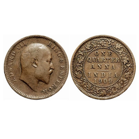 Edward VII, Bronze, Quarter Anna, 1909, Calcutta Mint, No mint mark. F. Prid 654. GK 1001.