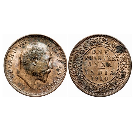 Edward VII, Bronze, Quarter Anna, 1910, Calcutta Mint, No mint mark. F. Prid 655. GK 1002.