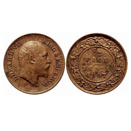 Edward VII, Bronze, 1/2 Pice, 1907, Calcutta Mint, No mint mark. F. Prid 741. GK 1008. Abo