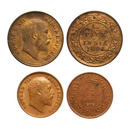 Edward VII, Bronze (2 coins), 1) 1/2 Pice, 1908, Calcutta Mint, No mint mark, Planchet fla