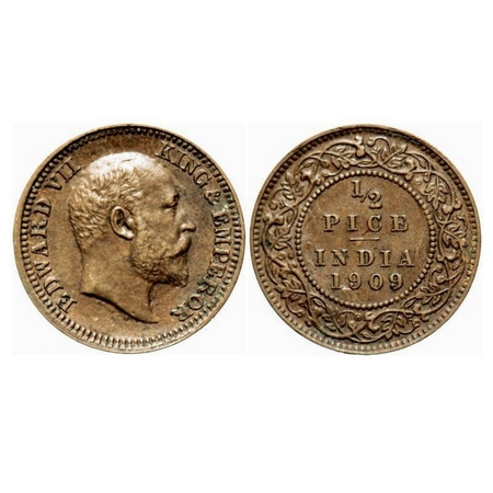 Edward VII, Bronze, 1/2 Pice, 1909, Calcutta Mint, No mint mark, Ghost on Rev and Obv. F. 