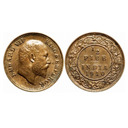 Edward VII, Bronze, 1/2 Pice, 1910, Calcutta Mint, No mint mark, Ghost on Rev. F. Prid 744