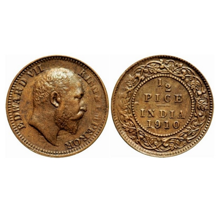 Edward VII, Bronze, 1/2 Pice, 1910, Calcutta Mint, No mint mark, Ghost on Obv and Rev. F. 