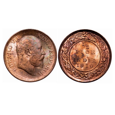 Edward VII, Bronze, 1/2 Pice, 1910, Calcutta Mint, No mint mark. F. Prid 744. GK 1011. Bri