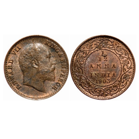 Edward VII, Copper, 1/12 Anna, 1903, Calcutta Mint, No mint mark, Multiple die cracks on O