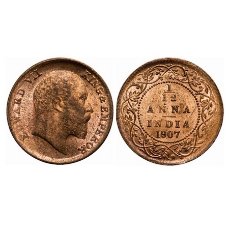 Edward VII, Bronze, 1/12 Anna, 1907, Calcutta Mint, No mint mark, Die crack on Obv. F. Pri
