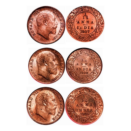 Edward VII, Bronze, 1/12 Anna (3 slabs), Calcutta Mint, 1907, 1908, 1909, No mint mark. F.