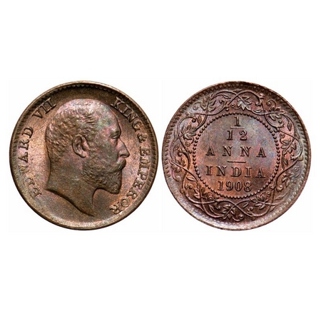 Edward VII, Bronze, 1/12 Anna, 1908, Calcutta Mint, No mint mark. F. Prid 824. GK 1018. Un