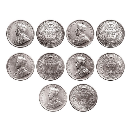 George V, Silver, Rupee, (Lot of 5 Coins), 1) 1917, Bombay Mint, Dot, 2) 1918 Bombay Mint,