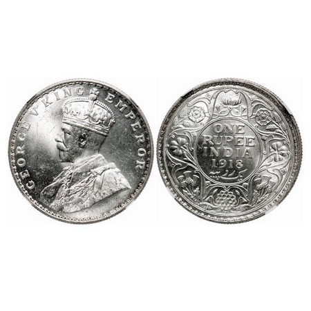George V, Silver, Rupee, 1918, Bombay Mint, Dot. F. Prid 224. GK 1038. NGC Slabbed MS 64+.