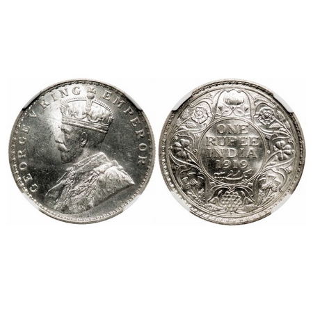 George V, Silver, Rupee, 1919, Bombay Mint, Dot. F. Prid 225. GK 1040. NGC Slabbed MS 63. 