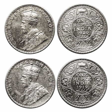 George V, Silver, Rupee (2 coins), 1919, 1920, Bombay Mint, Dot. F. Prid 225, 226. GK 1040