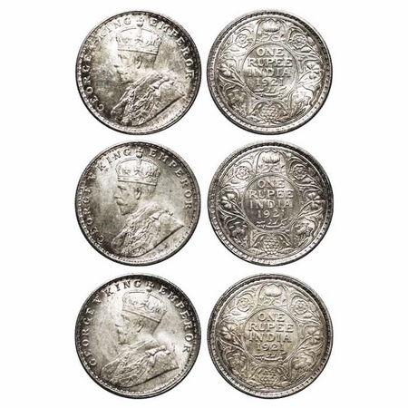 George V, Silver, Rupee (3 coins), 1921, Bombay Mint, Dot. F. Prid 227. GK 1043. Uncircula