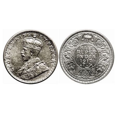 George V, Silver, Half Rupee, 1917, Bombay Mint, Dot. F. Prid 341. GK 1055. Almost Uncircu