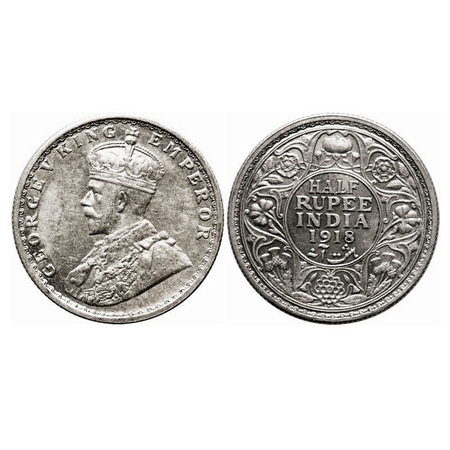 George V, Silver, Half Rupee, 1918, Bombay Mint, Dot. F. Prid 342. GK 1056. Almost Uncircu