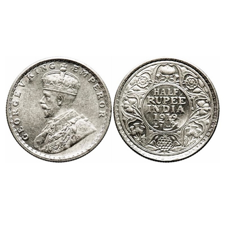 George V, Silver, Half Rupee, 1919, Bombay Mint, Ghost on Rev. F. Prid 343. GK 1057. Uncir