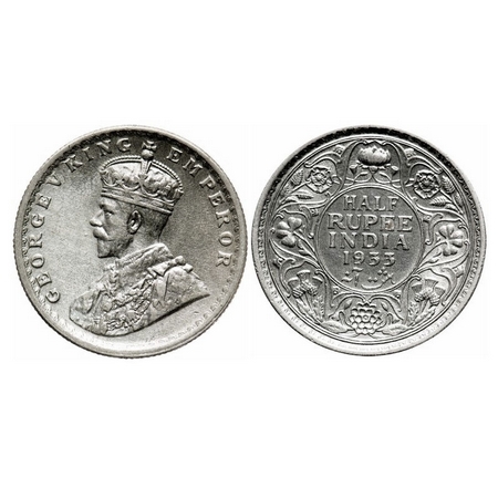 George V, Silver, Half Rupee, 1933, Calcutta Mint, No dot. F. Prid 333. GK 1073. About Unc