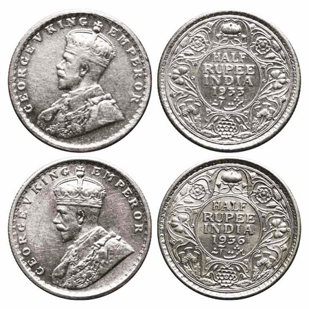 George V, Silver, Half Rupee, (2 coins), Calcutta Mint, 1933, 1936, No dot. F. Prid 333, 3
