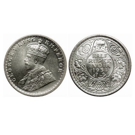 George V, Silver, Half Rupee, 1934, Calcutta Mint, No dot. F. Prid 334. GK 1074. Brilliant