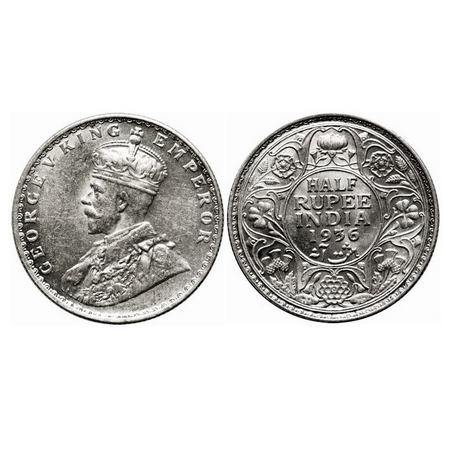 George V, Silver, Half Rupee, 1936, Bombay Mint, Dot (The dot has a incused effect). F. Pr