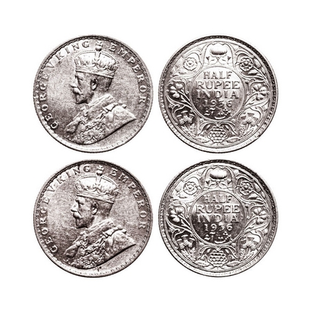 George V, Silver, Half Rupee, 1936, (2 coins), Bombay Mint, Dot. F. Prid 350. GK 1076. Abo