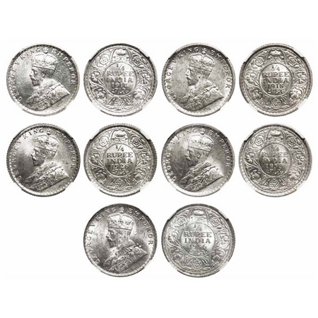 George V, Silver, 1/4 Rupee (Lot of 5 slabs), Calcutta Mint, 1917, 1918, 1926, 1930, Bomba