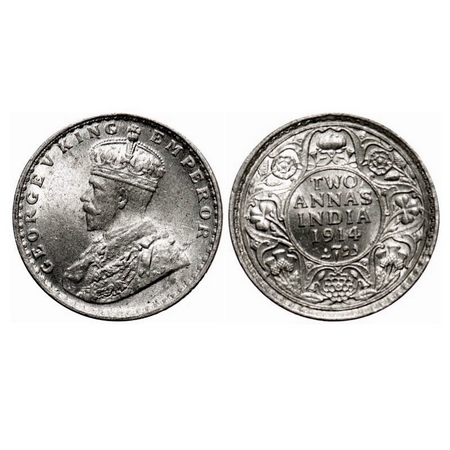 George V, Silver, 2 Annas, 1914, Calcutta Mint, No dot, Ghost on Rev. F. Prid 567. GK 1112