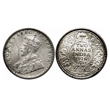 George V, Silver, 2 Annas, 1916, Calcutta Mint, No dot. F. Prid 569. GK 1116. Uncirculated