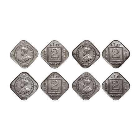 George V, Copper-Nickel, 2 Annas, (4 coins), 1936, Bombay Mint. F. Prid 903. GK 1140. Abou