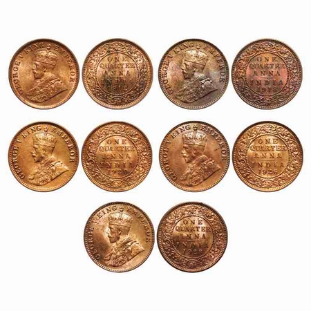 George V, Bronze, Quarter Anna (5 coins), Calcutta Mint, 1912, 1918, 1920, 1928, Bombay Mi