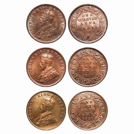 George V, Bronze, Quarter Anna (3 coins), 1) 1912, Calcutta Mint, No dot, 2) 1917 Calcutta