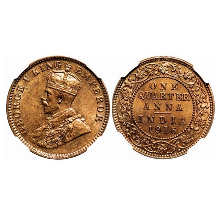 George V, Bronze, Quarter Anna, 1916, Calcutta Mint, No dot. F. Prid 661. GK 1175. NGC Sla