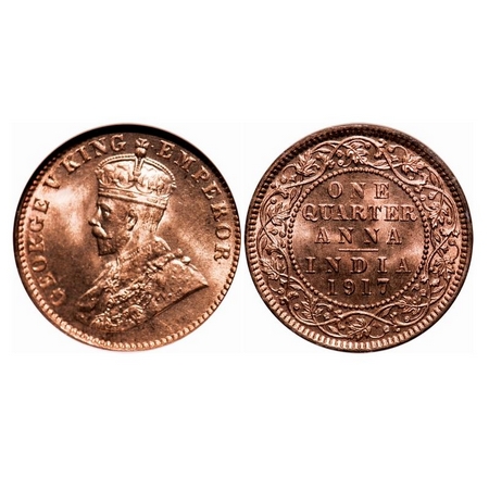 George V, Bronze, Quarter Anna, 1917, Calcutta Mint, No dot. F. Prid 662. GK 1176. PCG Sla