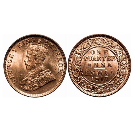 George V, Bronze, Quarter Anna, 1917, Calcutta Mint, No dot. F. Prid 662. GK 1176. Brillia