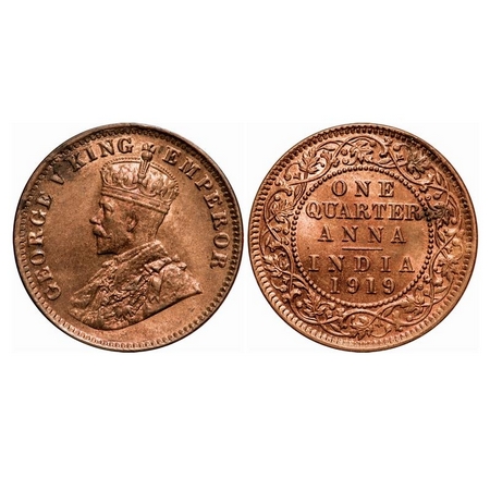 George V, Bronze, Quarter Anna, 1919, Calcutta Mint, No dot. F. Prid 664. GK 1178. Uncircu