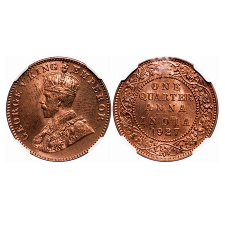 George V, Bronze, Quarter Anna, 1927, Bombay Mint, Dot. F. Prid 680. GK 1185. NGC Slabbed 