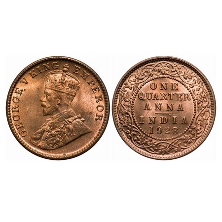 George V, Bronze, Quarter Anna, 1928, Calcutta Mint, No dot, Ghost on Rev, Die crack on Re