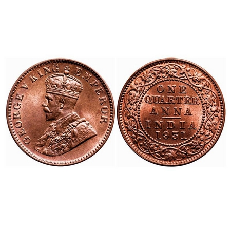 George V, Bronze, Quarter Anna, 1931, Calcutta Mint, No dot. F. Prid 672. GK 1192. Brillia